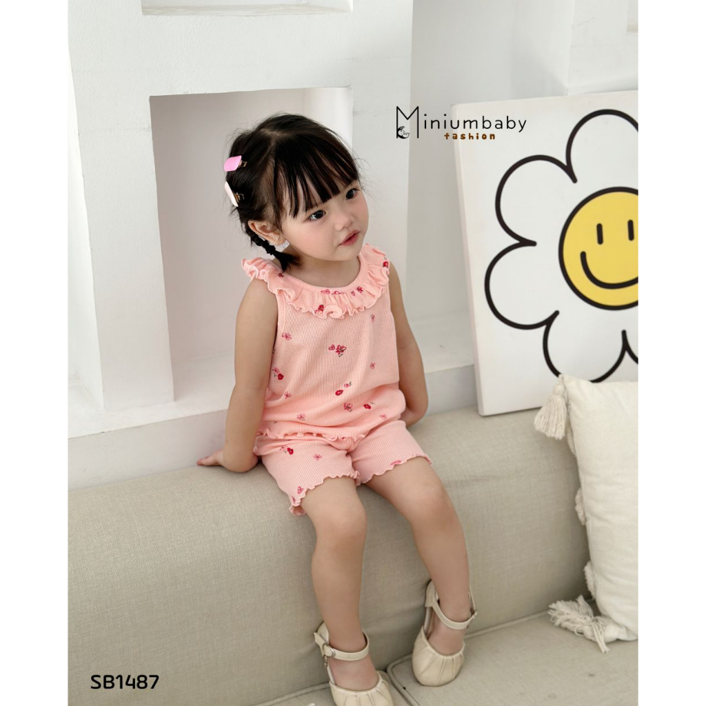 Set bộ quần áo sát nách cổ bèo chất liệu cotton mềm mịn cho bé gái mặc nhà đi chơi, Miniumbaby SB1487