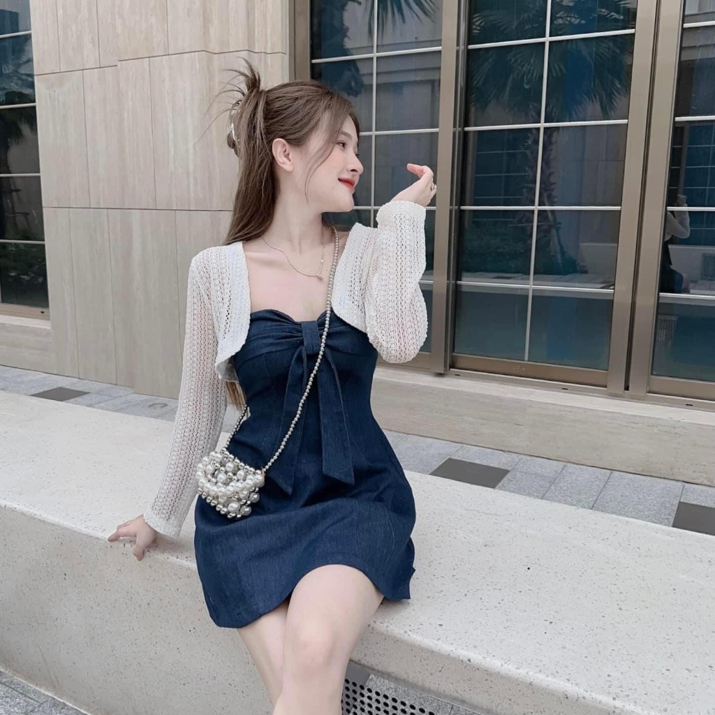 Sét váy ống jeans cúp ngực không mút kèm áo khoác nhẹ ôm body tôn dáng