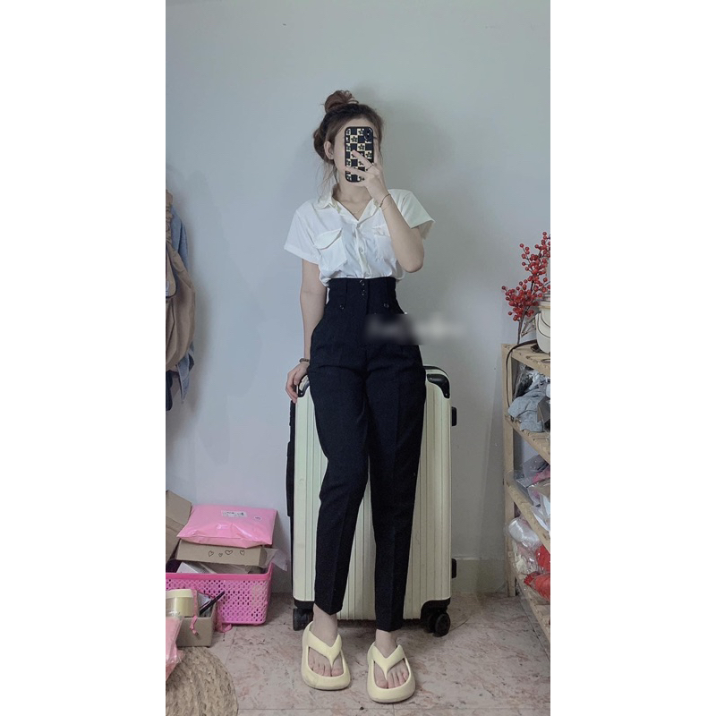 Quần tây 2 nút 2 đỉa lưng cao