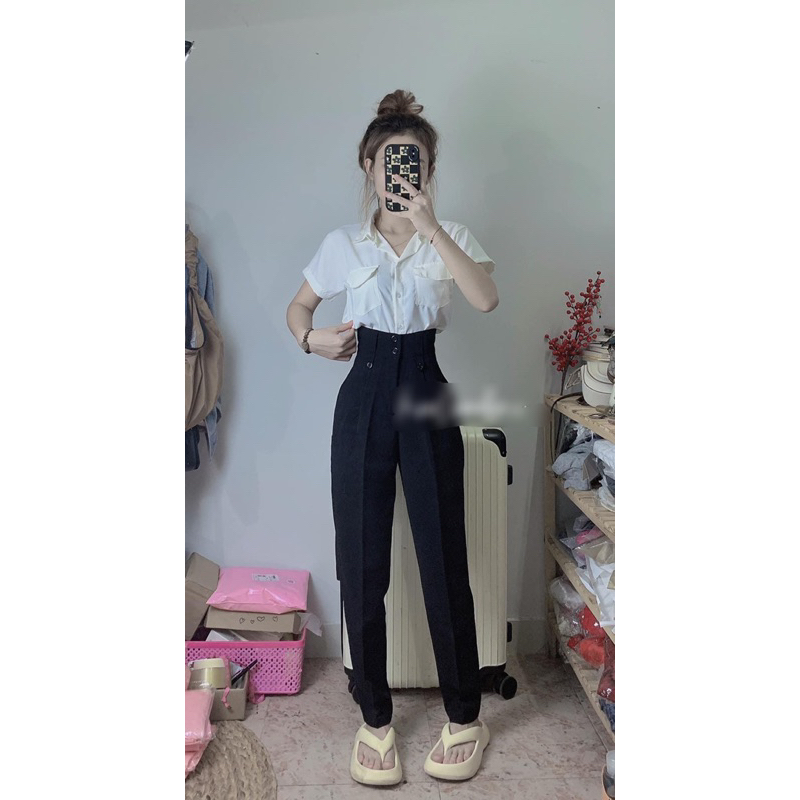 Quần tây 2 nút 2 đỉa lưng cao