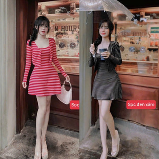 Đầm hai dây dáng xòe kèm áo khoác tay dài kẻ sọc xinh xắn - thun gân