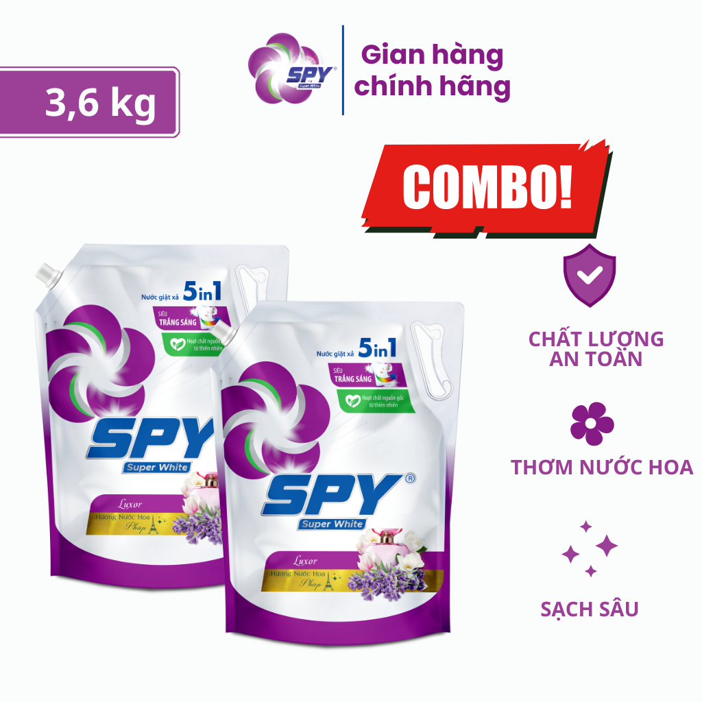 Combo 2 túi nước giặt xả SPY Super White Luxor 3,6kg công thức kết hợp giặt xả siêu trắng sáng lưu hương dài lâu