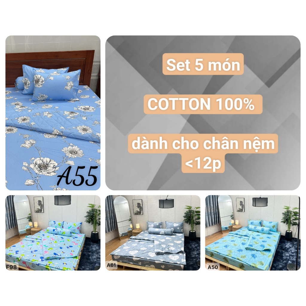 Drap Cotton + ( CHĂN ) ga giường,bộ drap cotton 100% chính hãng. Mềm Mịn Mát, Không xù Lông, Phai Màu. ( nệm