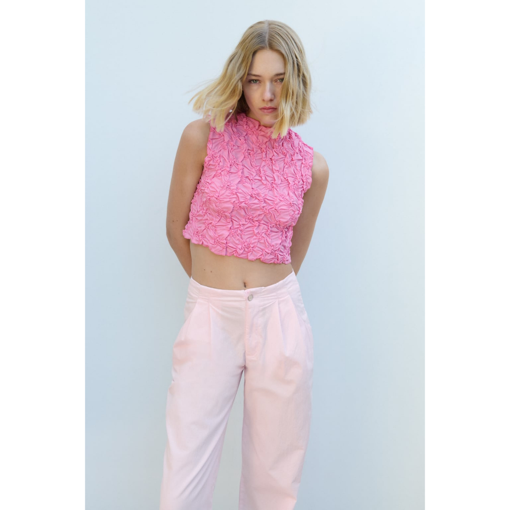 ZARA Đức - Áo kiểu croptop sát nách không tay cồ tròn nhăn hồng sale auth new tag cao cấp chính hãng có sẵn 3644/323