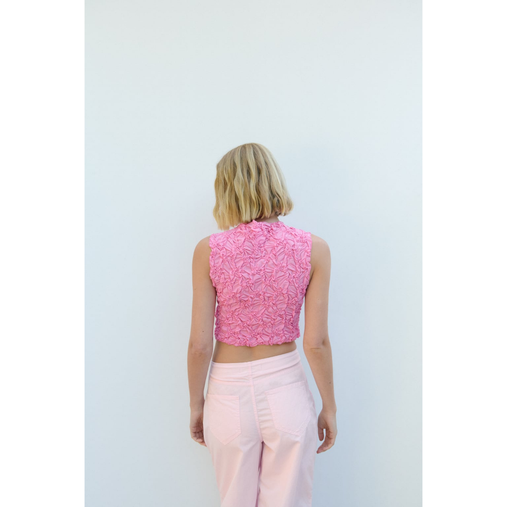 ZARA Đức - Áo kiểu croptop sát nách không tay cồ tròn nhăn hồng sale auth new tag cao cấp chính hãng có sẵn 3644/323