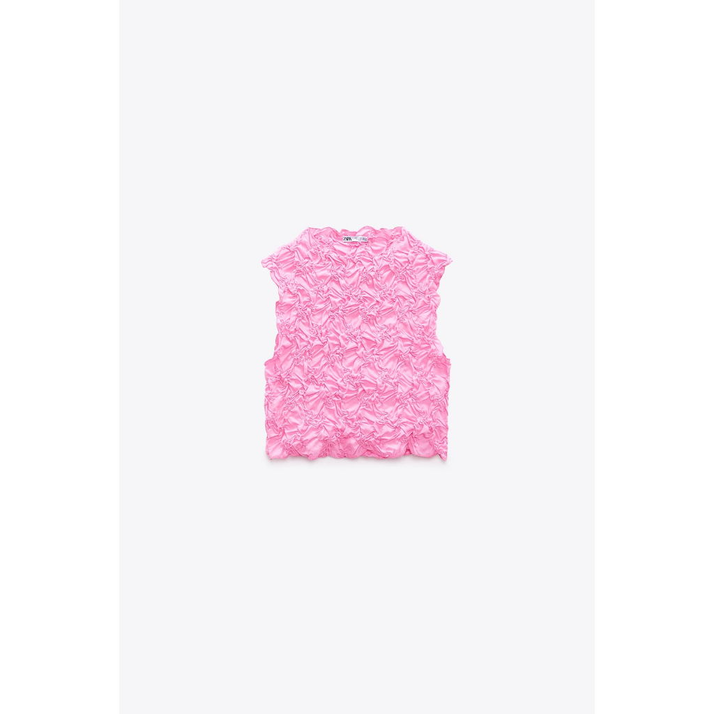 ZARA Đức - Áo kiểu croptop sát nách không tay cồ tròn nhăn hồng sale auth new tag cao cấp chính hãng có sẵn 3644/323