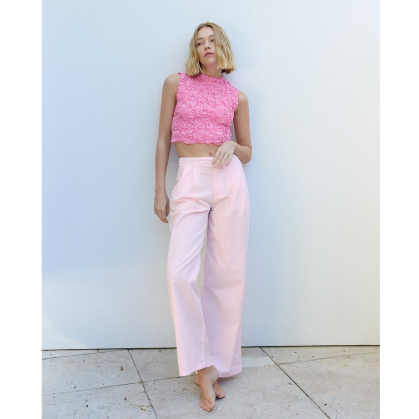 ZARA Đức - Áo kiểu croptop sát nách không tay cồ tròn nhăn hồng sale auth new tag cao cấp chính hãng có sẵn 3644/323