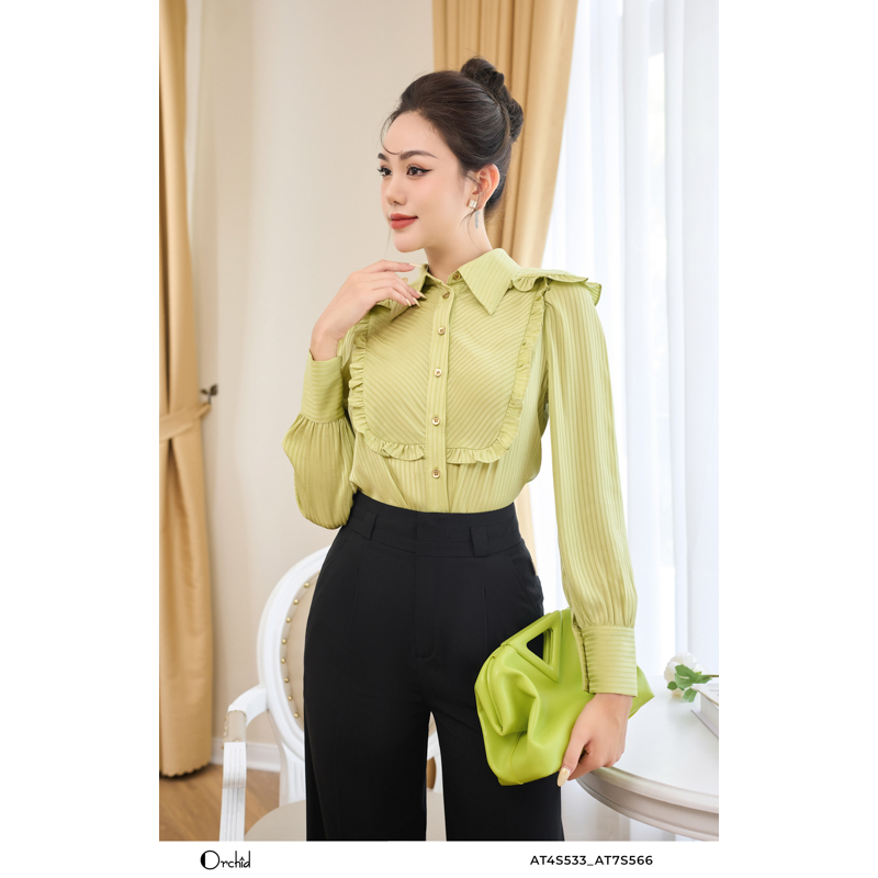 Áo sơ mi nữ tằm thiết kế tay dài xanh cốm tiểu thư Orchid - AT4S533