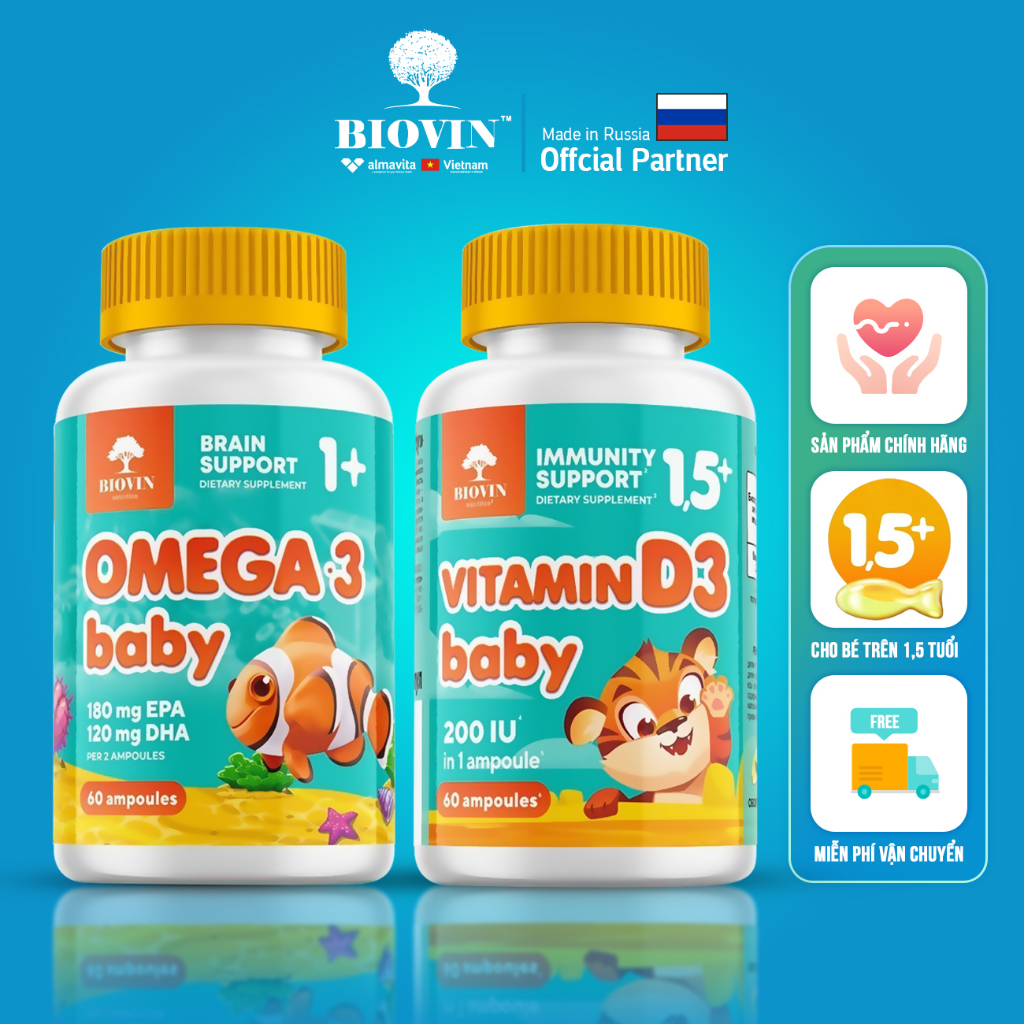 Combo Vitamin D3 và Omega 3 Baby Biovin giúp phát triển chiều cao, trí tuệ, tăng cường sức khỏe cho bé nhập khẩu Nga