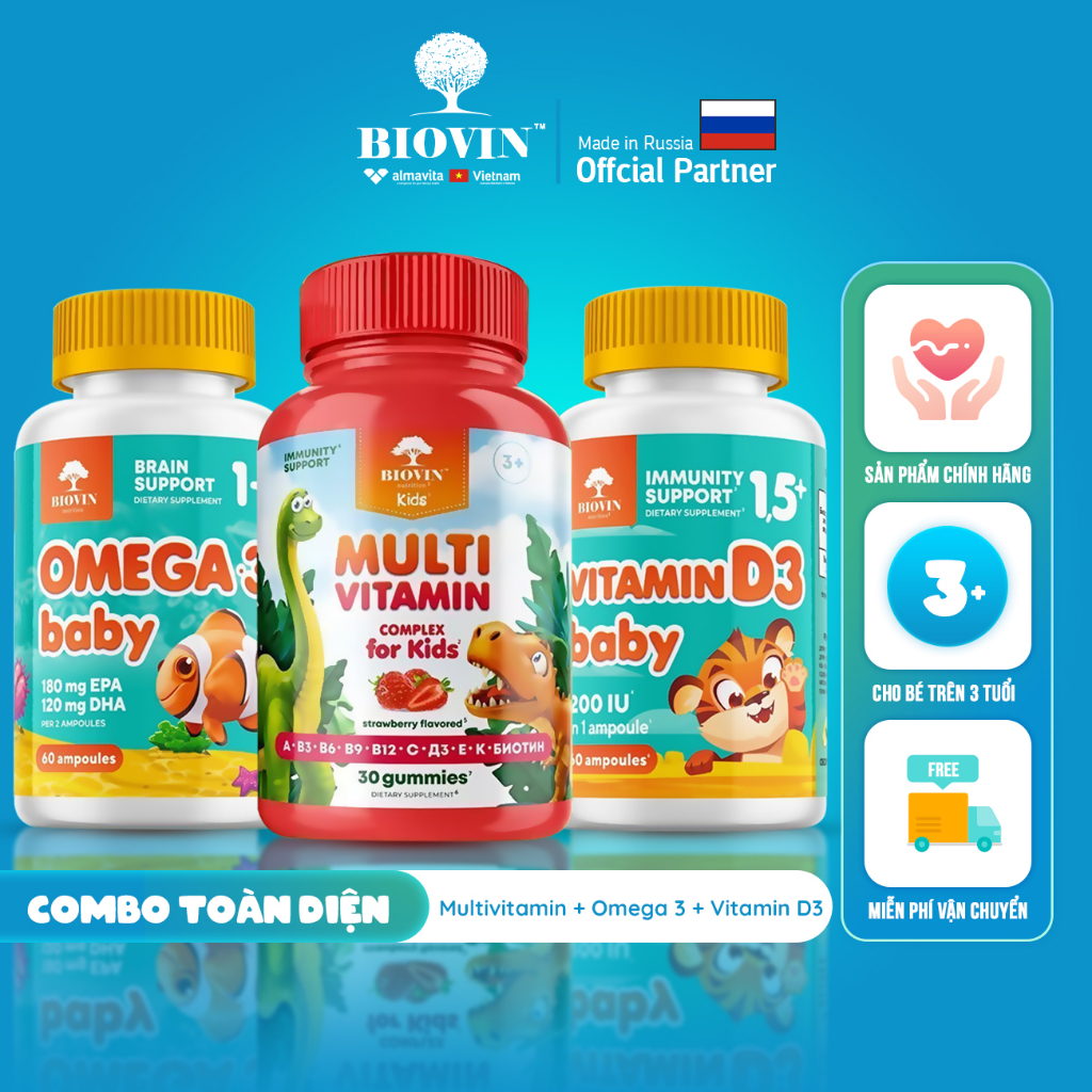 Combo Kẹo dẻo Vitamin tổng hợp Multivitamin, Omega 3 và Vitamin D3 Biovin Kids cho bé phát triển toàn diện nhập khẩu Nga