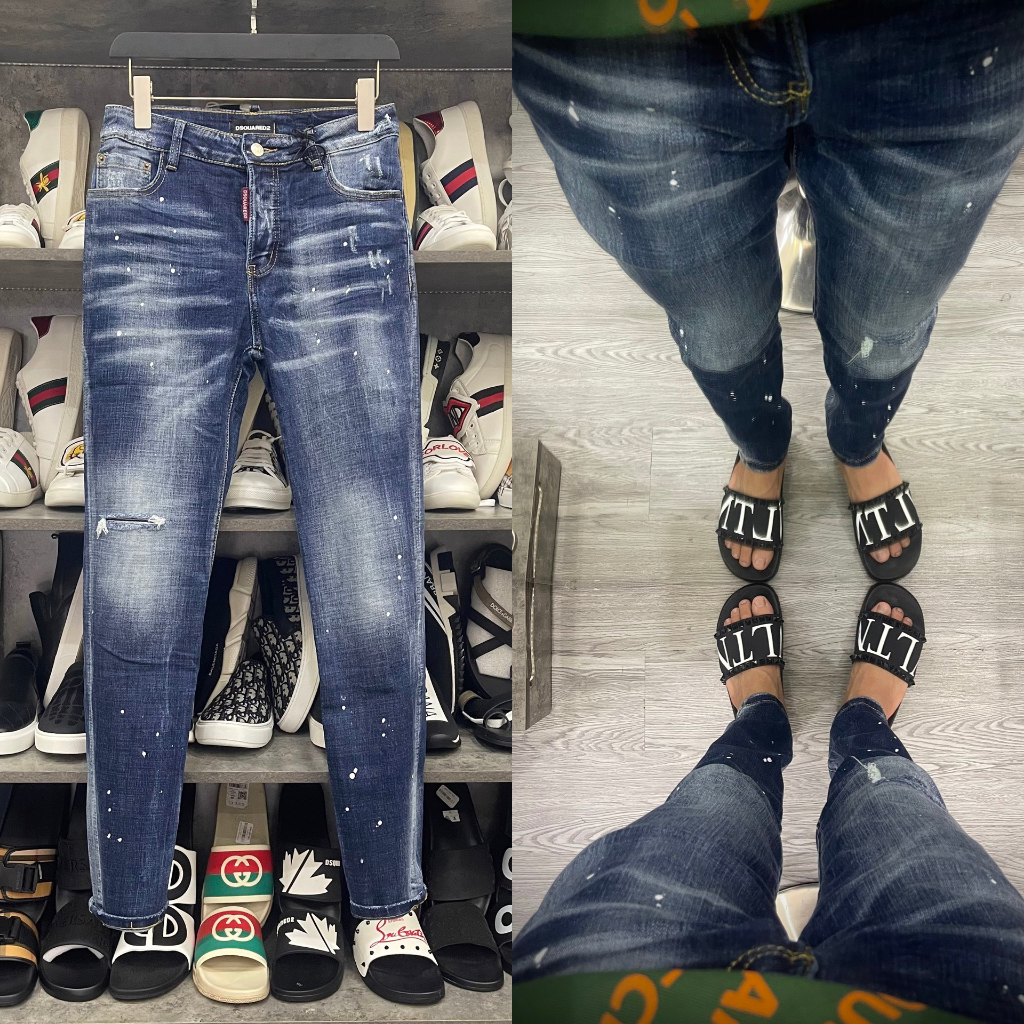 Quần jean bò nam Dsq2 biker slimfit xanh wash bạc rách 1 bên gối vảy sơn trắng dập nhăn 3D cao cấp QJ296P