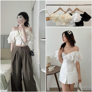 Áo ren croptop trễ vai bèo tầng 2 lớp tiểu thư