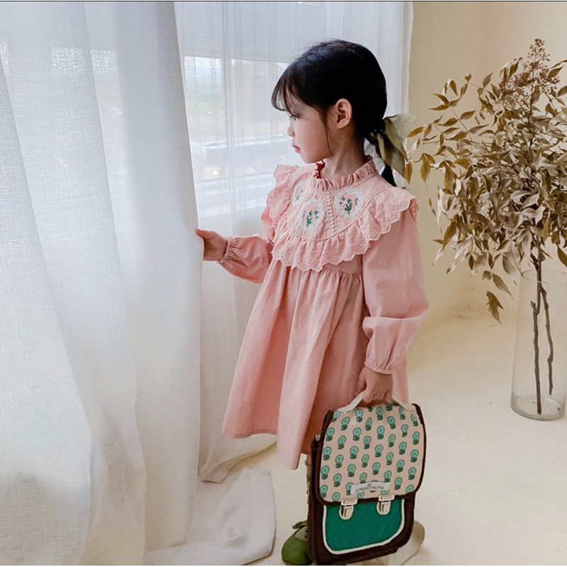 Váy dài tay, váy màu hồng công chúa cổ phối ren , váy tiểu thư cho bé gái mẫu mới 2023-VTETD003