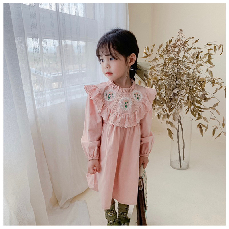 Váy dài tay, váy màu hồng công chúa cổ phối ren , váy tiểu thư cho bé gái mẫu mới 2023-VTETD003