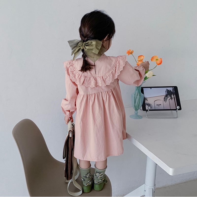 Váy dài tay, váy màu hồng công chúa cổ phối ren , váy tiểu thư cho bé gái mẫu mới 2023-VTETD003