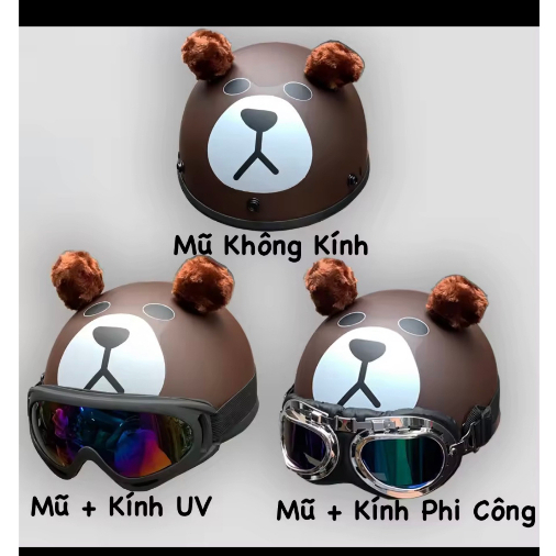 Nón bảo hiểm kèm kính phi công hình con gấu nâu có tai dễ thương
