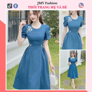 V4032 Váy đầm xanh xòe đính hoa đá eo nữ tính [Dolce Viva Colection (DVC)] váy xòe xanh đính hoa nhí trắng