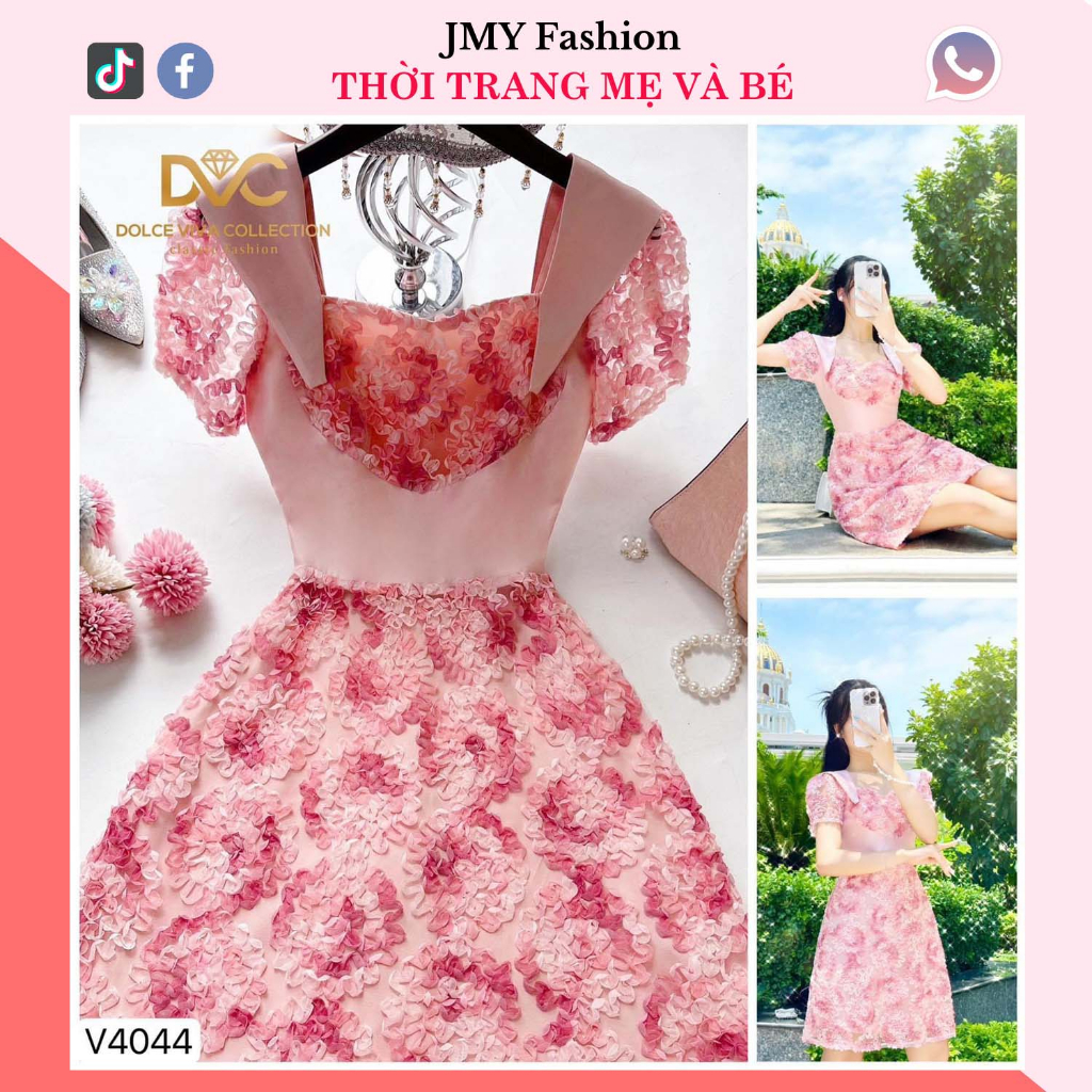 váy hồng cổ tim ren nổi sang chảnh
