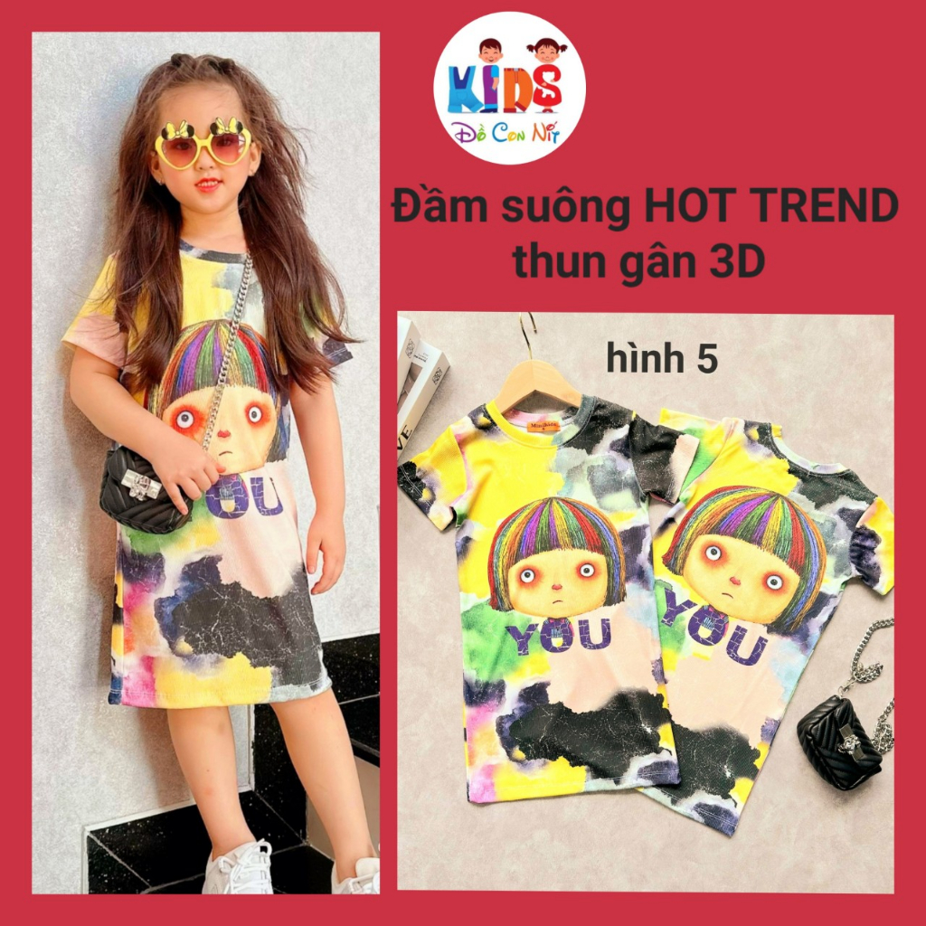 (23-45 ký) Đầm suông thun gân 3D siêu hot cho bé gái - Váy trẻ em