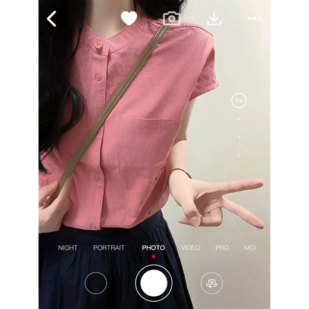 Áo sơ mi vải lanh cotton cổ tàu tay ngắn form rộng có túi màu hồng ngọt ngào đáng yêu