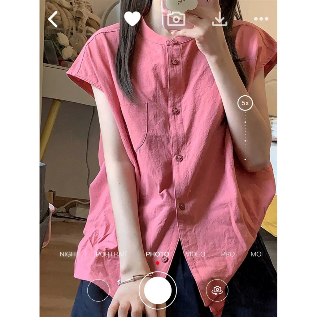 Áo sơ mi vải lanh cotton cổ tàu tay ngắn form rộng có túi màu hồng ngọt ngào đáng yêu