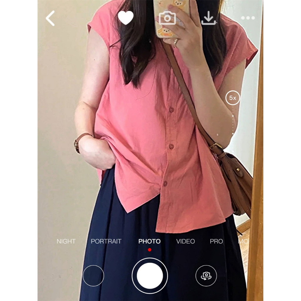 Áo sơ mi vải lanh cotton cổ tàu tay ngắn form rộng có túi màu hồng ngọt ngào đáng yêu