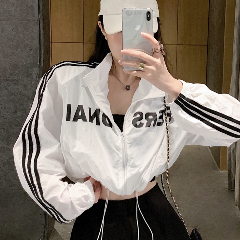 Áo khoác croptop gió dù nữ chất gió nhăn 2 lớp bên trong lót gió lụa SHINE CLOTHES,Áo khoác gió chữ PERS sọc bo tay rút