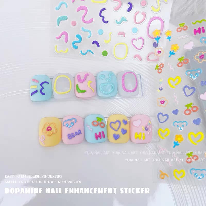 Miếng dán 5D, Sticker trang trí móng tay in nổi hình gấu, hoa cute dễ thương