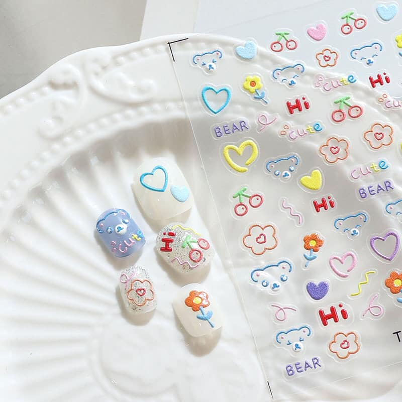 Miếng dán 5D, Sticker trang trí móng tay in nổi hình gấu, hoa cute dễ thương
