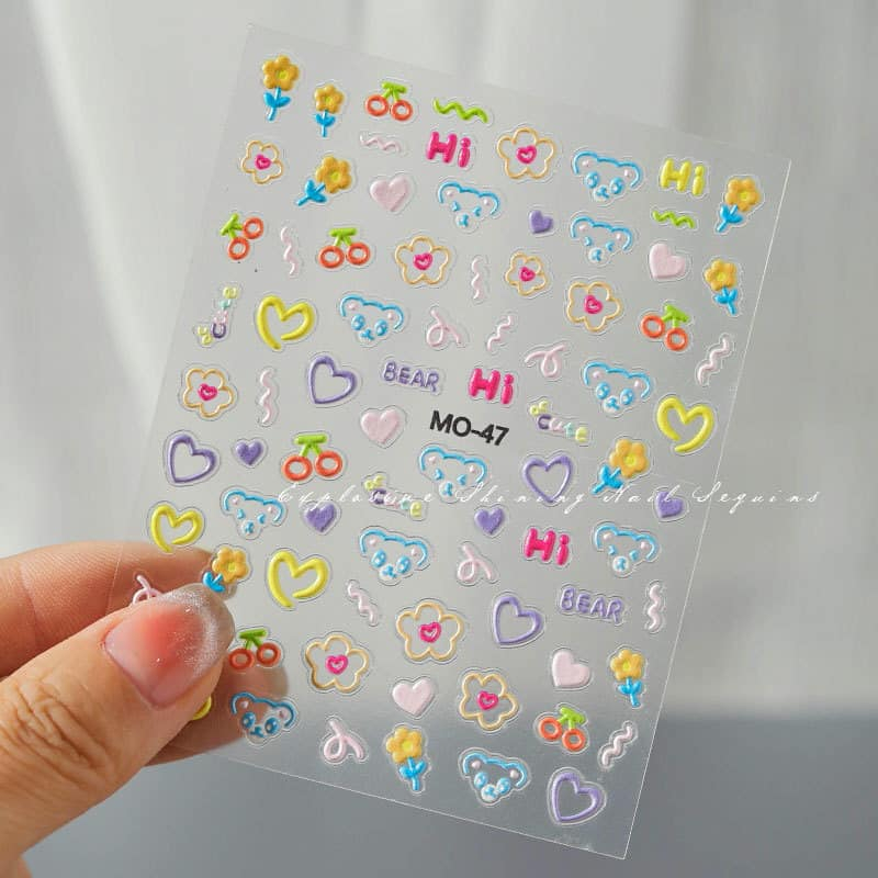 Miếng dán 5D, Sticker trang trí móng tay in nổi hình gấu, hoa cute dễ thương