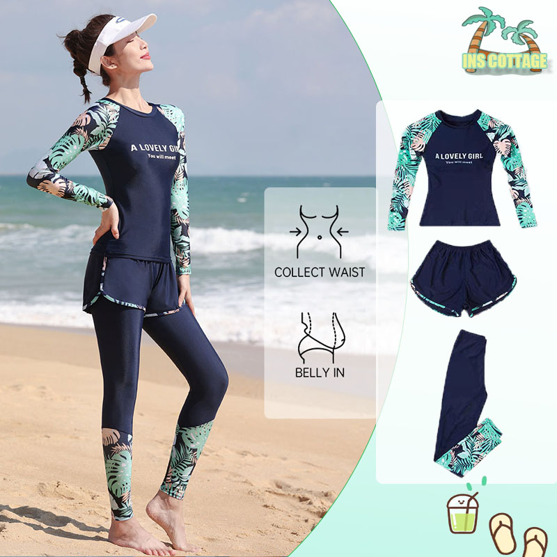 【INS】đồ bơi nữ tay dài lướt sóng quần áo bơi phù hợp với ba mảnh của kem chống nắng phụ nữ bảo thủ Phong Cách Thể Thao