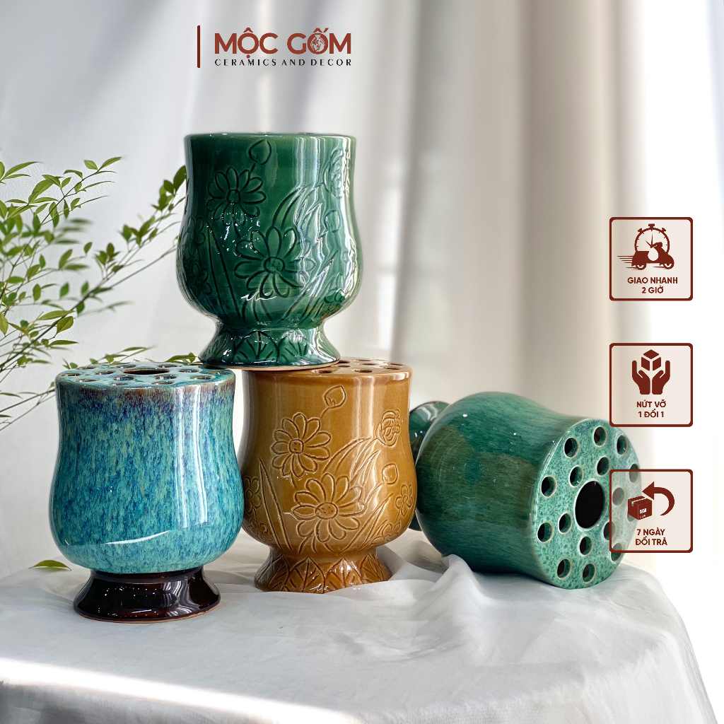 Bình hoa dáng đài sen màu men hỏa biến gốm sứ Bát Tràng, có đế cố định, dễ dàng cắm hoa | Mộc Gốm MG245