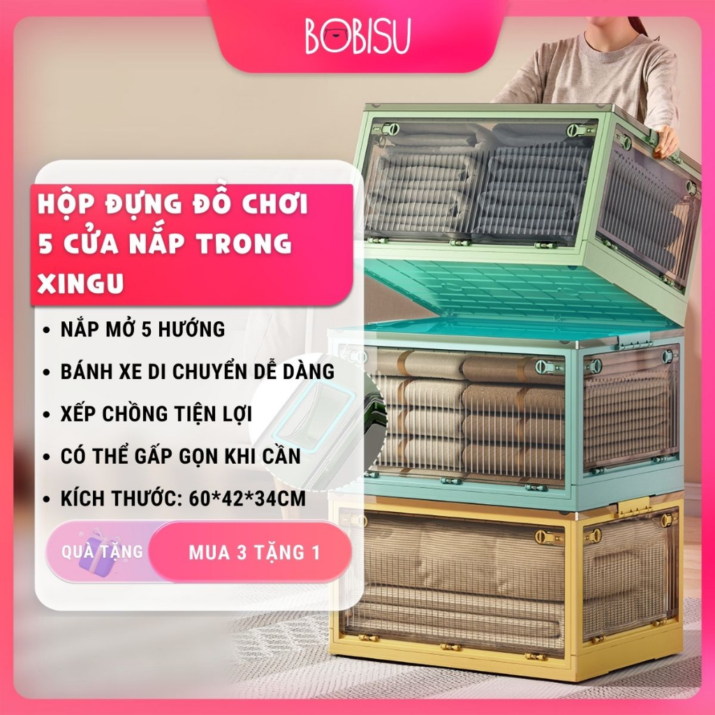Hộp đựng đồ chơi quần áo mở 5 nắp trong có thể xếp gọn | XINGU