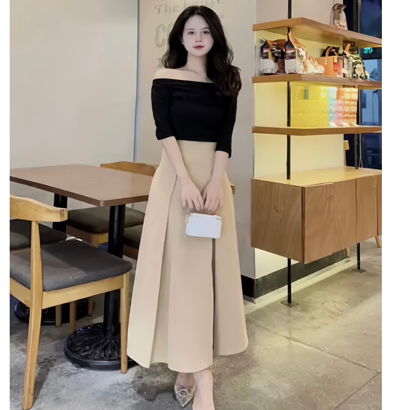 Set áo trễ vai tay lỡ đen chân váy xếp ly kaki dáng dài xòe màu nâu thanh lịch đi làm đi chơi đi học ảnh thật