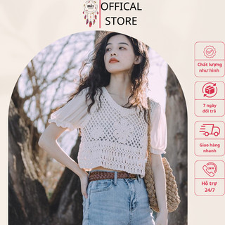 Áo móc kem tay cộc bo chun 3 bông hoa