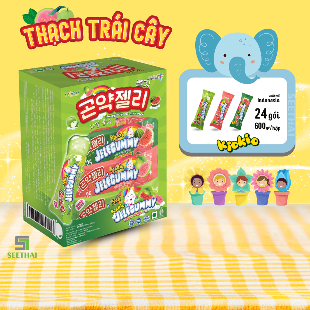 Thạch Jele trái cây KIOKIO Indonesia thạch táo thạch ổi thạch dưa hấu - hộp xanh 24 gói ăn vặt