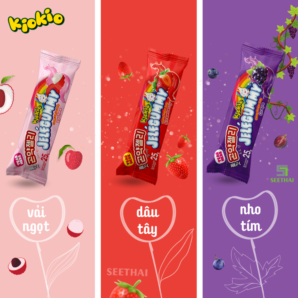 Thạch Jele trái cây KIOKIO Indonesia thạch dâu thạch vải thạch nho - hộp đỏ 24 gói ăn vặt