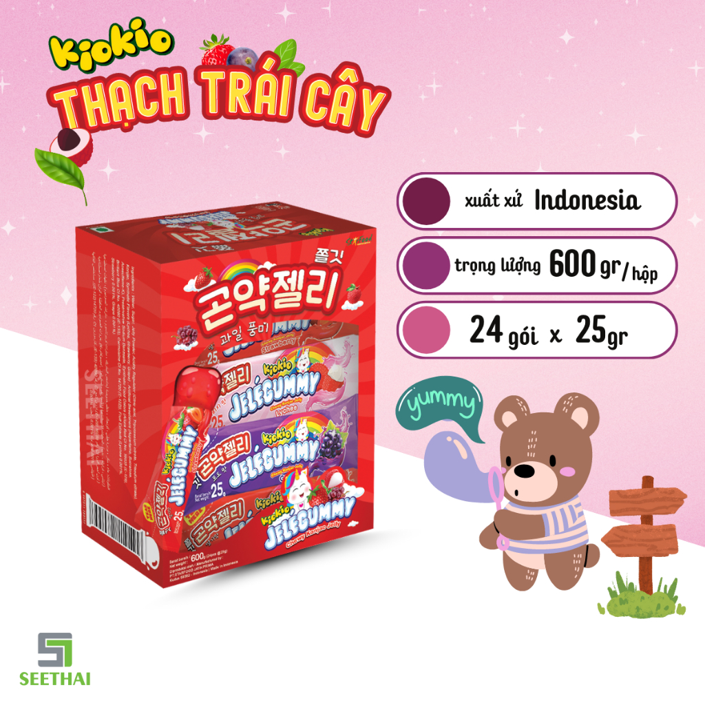 Thạch Jele trái cây KIOKIO Indonesia thạch dâu thạch vải thạch nho - hộp đỏ 24 gói ăn vặt