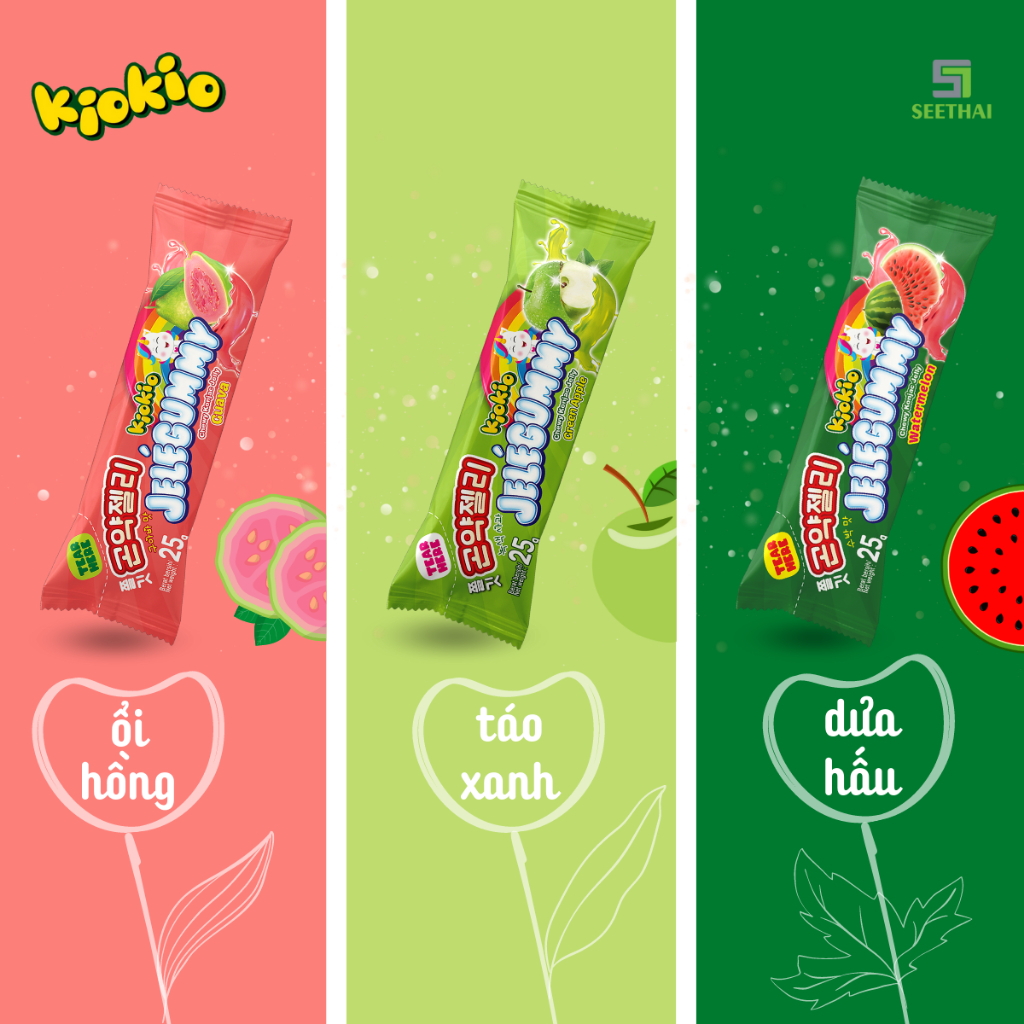 Thạch Jele trái cây KIOKIO Indonesia thạch táo thạch ổi thạch dưa hấu - hộp xanh 24 gói ăn vặt