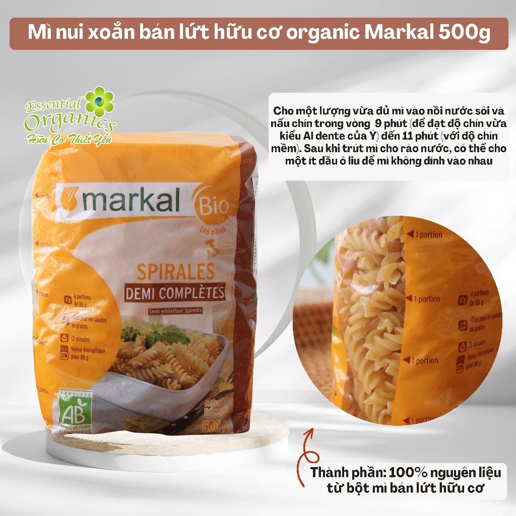 Nui mì hữu cơ organic pasta Markal 500g nhập khẩu Pháp