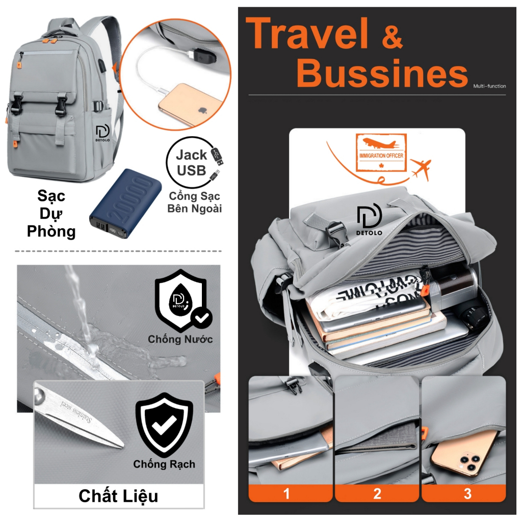 Balo Ulzzang đựng laptop 15,6in và 16in Balo nam nữ đi làm đi du lịch, balo đi học đi chơi đựng được quần áo DETOLO