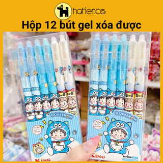 Hộp 12 cây bút mực, bút gel xóa được xanh/tím dạng bấm họa tiết dễ thương
