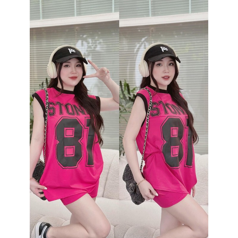 Set Bộ Áo Thun Tay Hến Bo Viền In Số 81 Kèm Quần Ôm