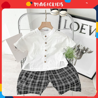 Đồ bộ bé trai cộc tay Magickids áo sơ mi trắng quần đùi kẻ chất đũi size đại từ 12 đến 35kg Quần áo trẻ em BD23077