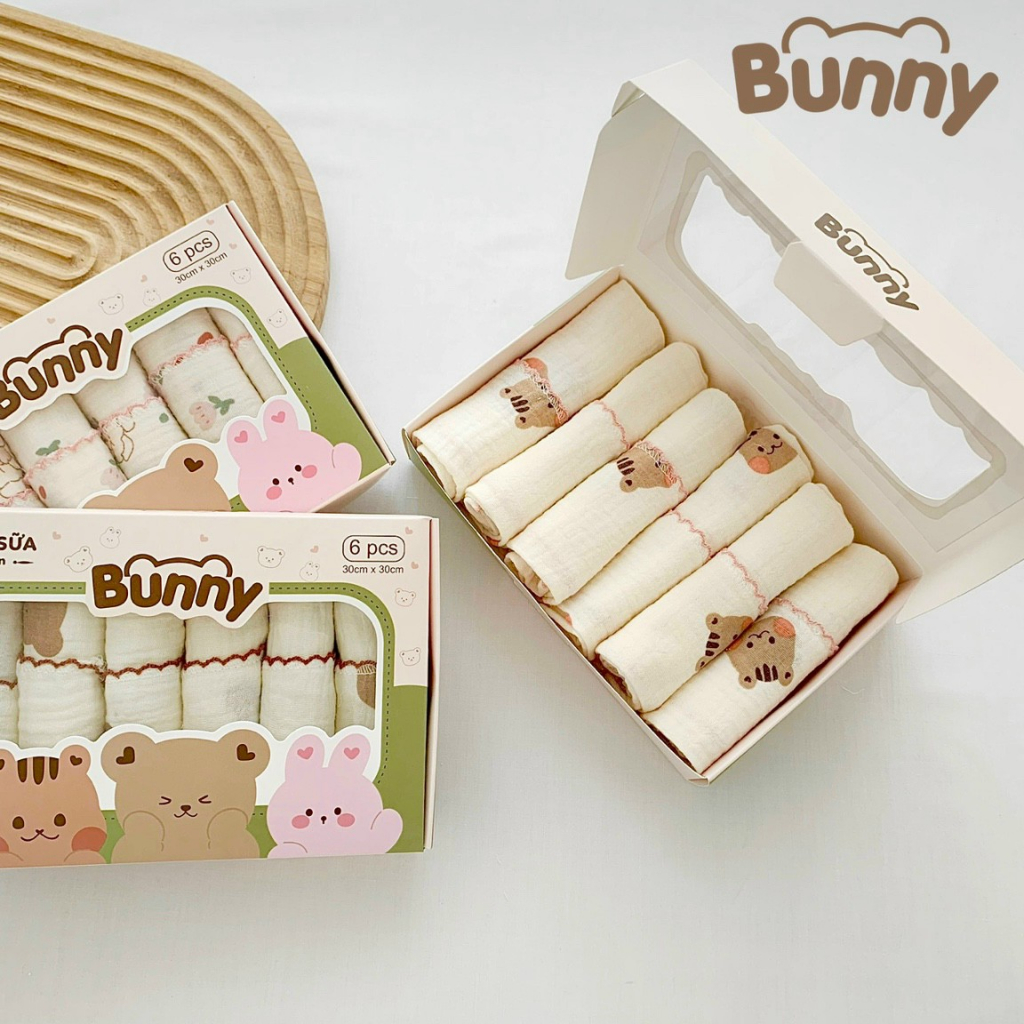 Set 6 Chiếc Khăn Sữa KidAndMom Bunny Vải Xô Muslin Cao Cấp Cho Bé Sơ Sinh