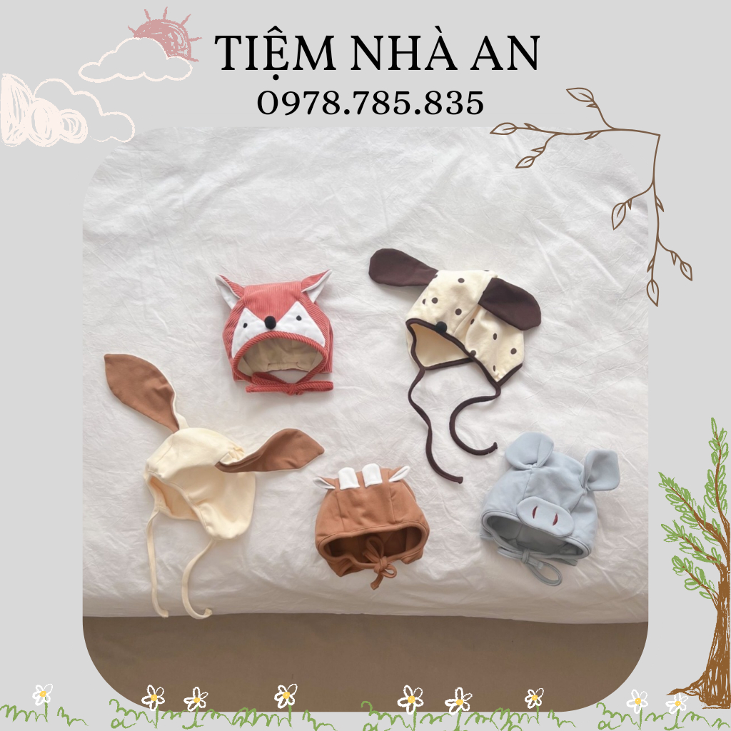 mũ cotton trùm đầu, mũ buộc dây, mũ hình các con vật, mũ đội đầu cho bé - tiệm nhà An