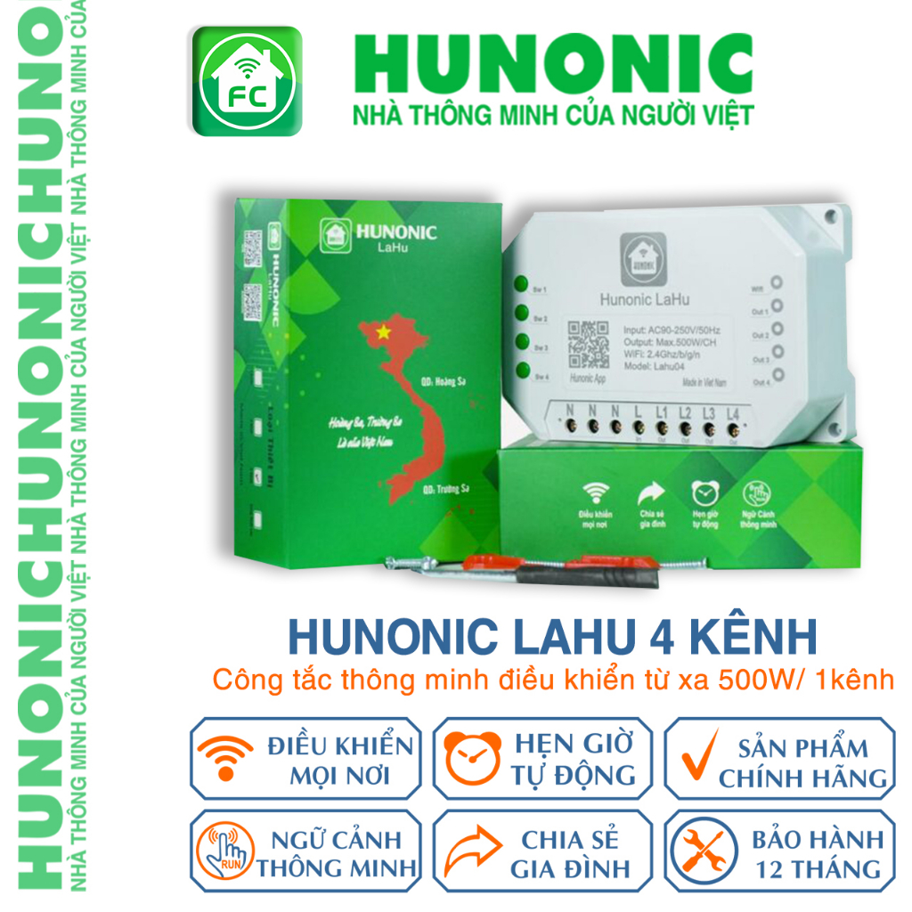 Hunonic Lahu 4 kênh (500W/1 kênh) - Công tắc thông minh điều khiển thiết bị từ xa - Chính hãng bảo hành 12 tháng 1 đổi 1