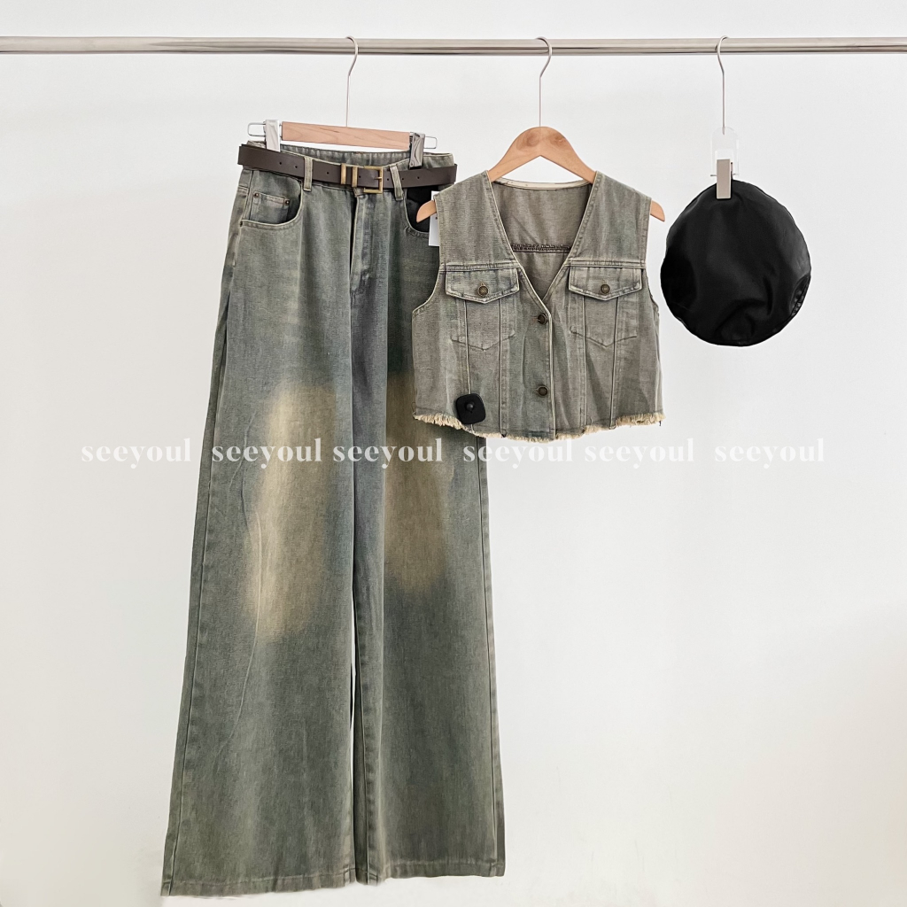 Set áo gile+quần jean suông kèm đai da QC-4373(HÌNH THẬT SHOP CHỤP)