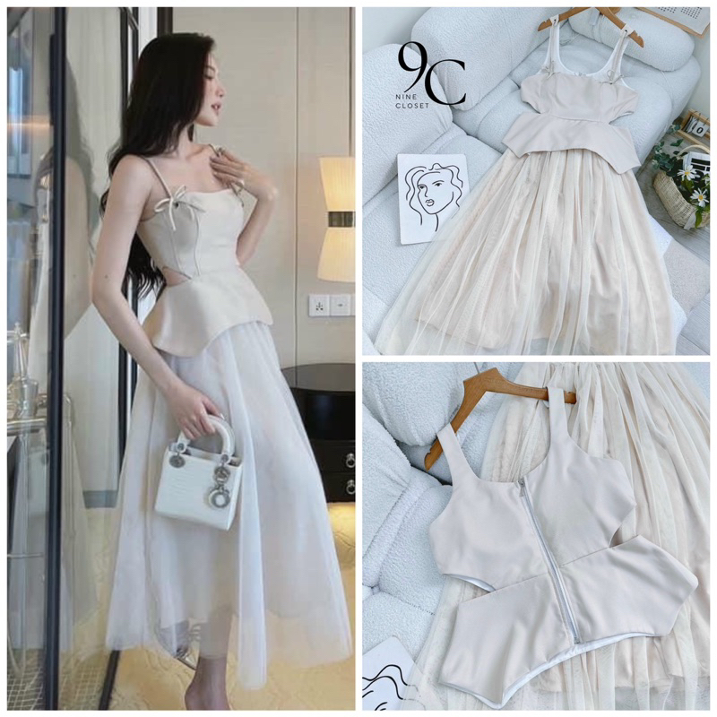 set áo dây peplum khoét eo + chân váy ren lưới