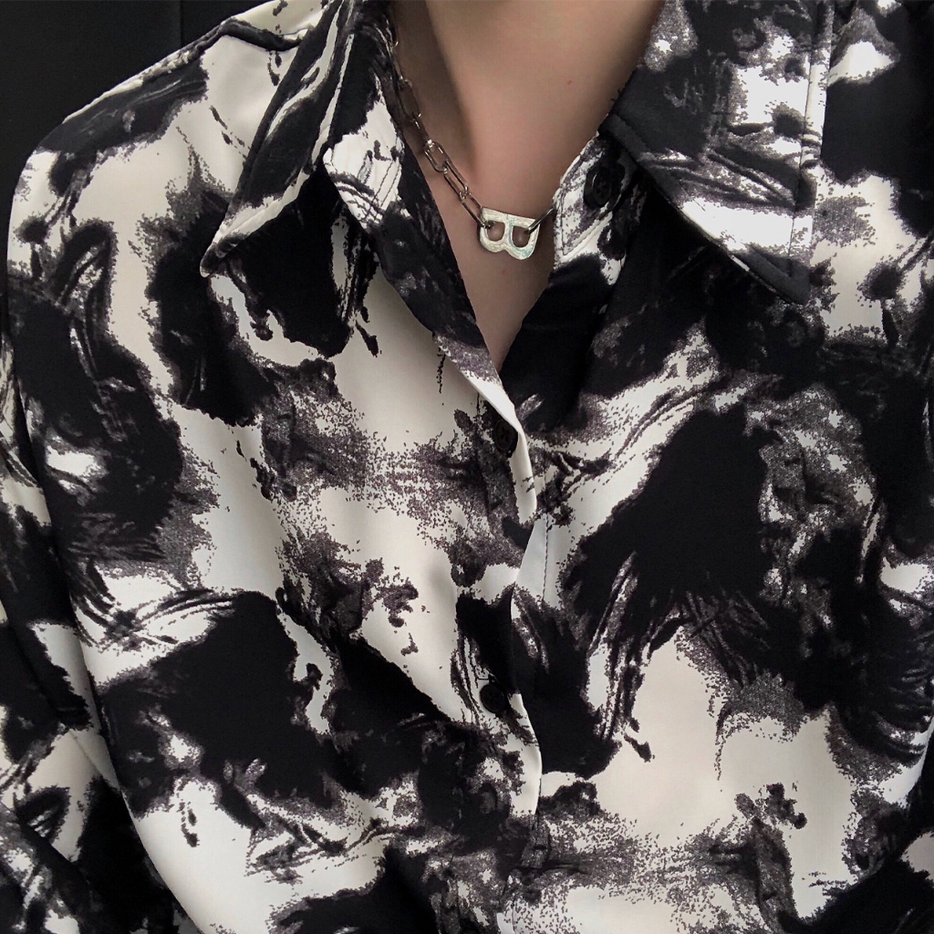 Áo Sơ Mi NAM Dài Tay áo sơ mi hoạ tiết áo sơ mi nam hàn quốc oversize Phối màu đen trắng áo sơ mi dài tay form rộng ootd